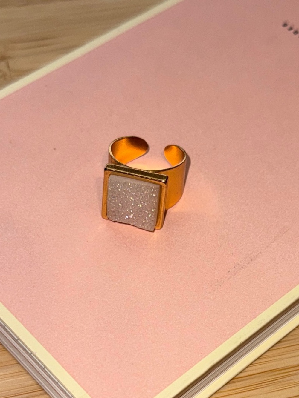 Gold Square Stone Adjustable Ring - White Druzy Accent Size 6/7